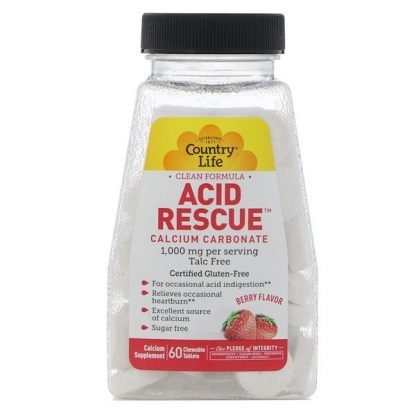 Country Life, アシッドレスキュー、炭酸カルシウム、ベリー風味、1,000 mg、60チュアブル錠