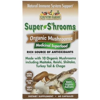 Country Farms, スーパーシュルーム（Super S'hrooms）、有機キノコ、薬用スーパーフード、60カプセル