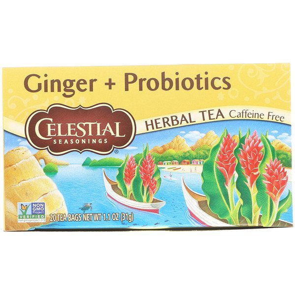 Celestial Seasonings, ハーブティー、生姜+プロバイオティクス、カフェインフリー、20袋、1.1 oz (31 g)