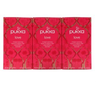 Pukka Herbs, ラブ、オーガニックローズ、カモミール & ラベンダーティー、カフェインフリー、3パック、各20ハーブティーバッグ