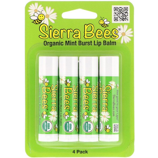Sierra Bees, オーガニックリップバーム、ミントバースト、4パック、各.15 oz (4.25 g)