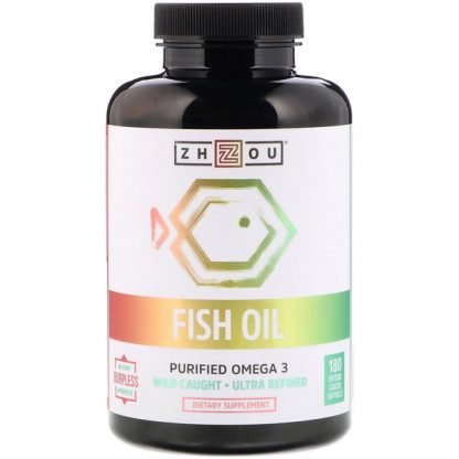 Zhou Nutrition, フィッシュオイル、精製オメガ3、腸溶性ソフトゲル180個