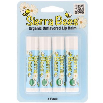 Sierra Bees, オーガニックリップバーム、風味なし、4パック、各.15 oz (4.25 g)