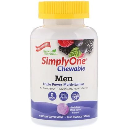 Super Nutrition, シンプリーワン、男性用トリプルパワーマルチビタミン、ワイルドベリー風味、チュワブル錠剤90粒