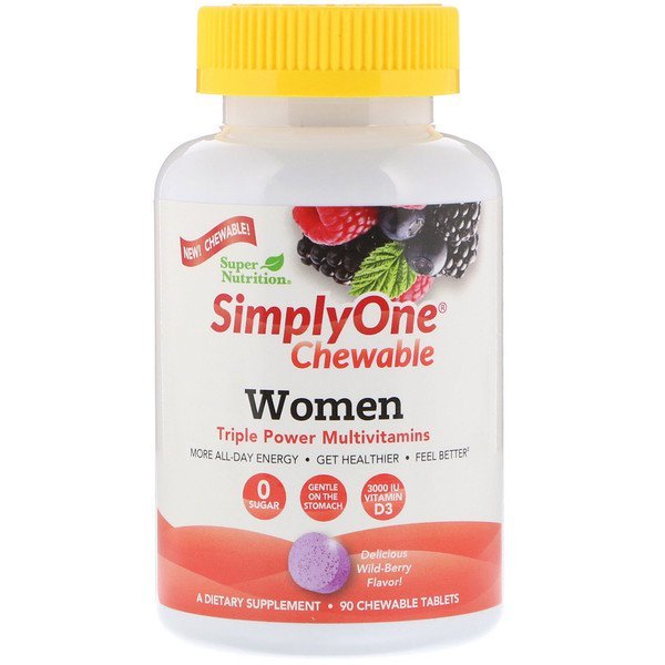 Super Nutrition, SimplyOne、女性用トリプルパワーマルチビタミン、ワイルドベリーフレーバー、90チュアブル錠