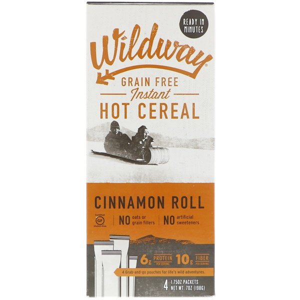 Wildway, Grain Free Instant Hot Cereal, Cinnamon Roll, 4 Packets, 1.75 oz (50 g) Each