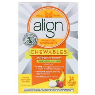 Align Probiotics, 24/7消化サポート、プロバイオテックサプリメント、チュアブル、バナナストロベリースムージー、24チュアブル錠