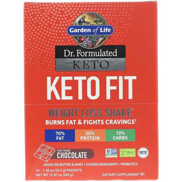 Garden of Life, Dr. Formulated Keto Fit Weight Loss Shake, Chocolate, 10 Packets, 1.28 oz (36.5 g) Each