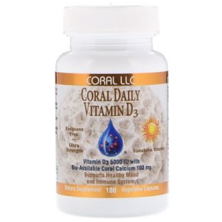 CORAL LLC, Coral Daily Vitamin D3, 5,000 IU, 100 Vegetable Capsules