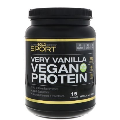 California Gold Nutrition, ベリーバニラ風味ビーガンプロテイン、エンドウ豆＆玄米、ダイズ不使用、遺伝子組み換え作物不使用、454 g（16 oz）