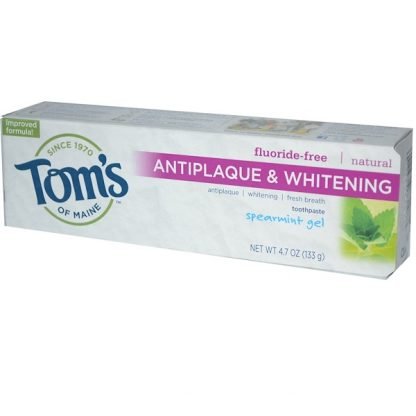 Tom's of Maine, フッ素フリー アンチプラーク & ホワイトニング歯磨き粉, スペアミントジェル, 4.7 オンス (133 g)