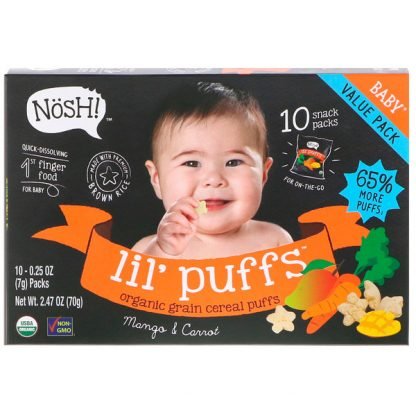 NosH!, Baby Lil 'Puffs、オーガニック穀物シリアルパフ、マンゴー＆キャロット、10パック、各0.25 oz (7 g)