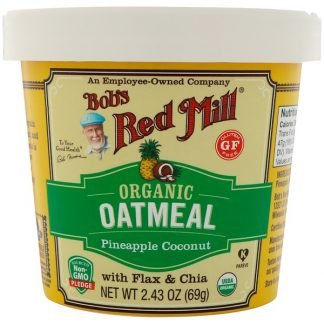 Bob's Red Mill, オーガニックオートミールカップ、パイナップルココナッツ・フラックス&チア、2.43 oz (69 g)