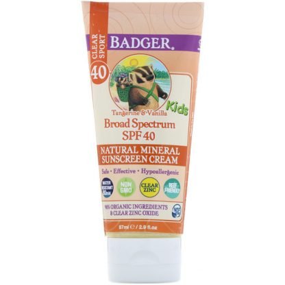 Badger Company, クリアースポーツ、子供用、天然ミネラルサンスクリーンクリーム、SPF 40、タンジェリン & バニラ、2.9液量オンス (87 ml)