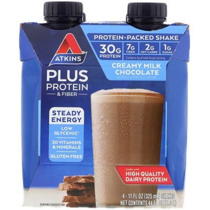 Atkins, プラスプロテイン＆食物繊維、クリーミーミルクチョコレート、シェイク4本、各325ml（11液量オンス）