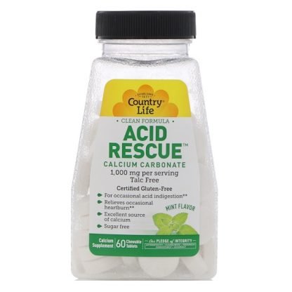Country Life, アシッドレスキュー、炭酸カルシウム、ミント味、1,000mg、60チュアブル錠