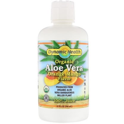 Dynamic Health  Laboratories, オーガニック アロエベラ 100% ジュース、オレンジ・マンゴー味、32 fl oz (946 ml)