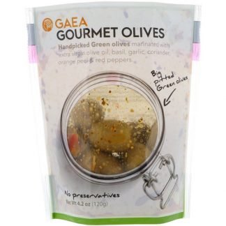 Gaea, グルメオリーブ、種なしグリーンオリーブのマリネ、4.2 oz (120 g)