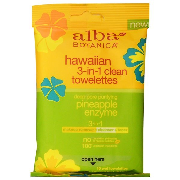 Alba Botanica, ハワイアン3-in-1クリーンウェットティッシュ、パイナップル酵素、ティッシュ10枚