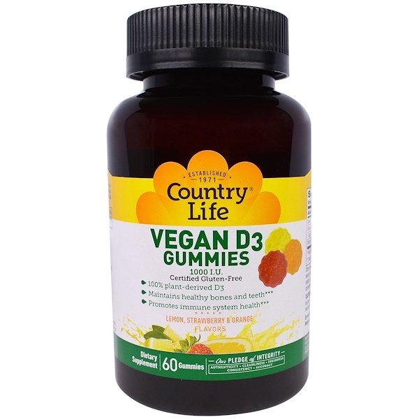 Country Life, Vegan D3 Gummies, Lemon, Strawberry & Orange Flavors, 1000 IU, 60 Gummies