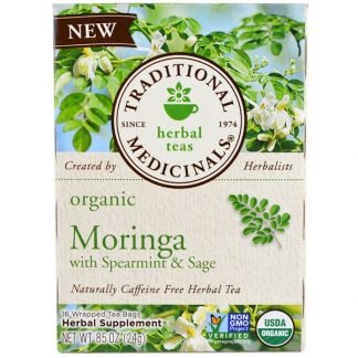 Traditional Medicinals, スペアミントとセージ入りオーガニックモリンガ、16包装ティーバッグ、86オンス (24 g)