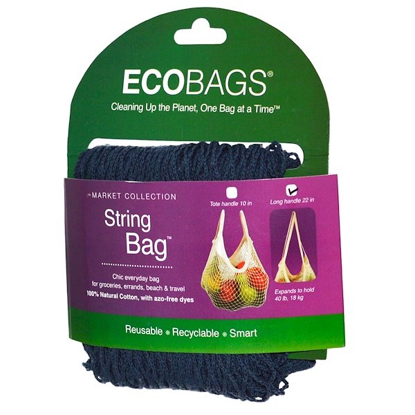 ECOBAGS, マーケットコレクション、ストリングバッグ、ロングハンドル22インチ、ストームブルー、1袋
