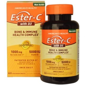 American Health, エスター-C（ビタミンD3配合）、骨と免疫の健康のための複合物、1000 mg/5000 IU、60植物性タブレット
