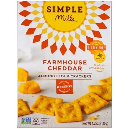 Simple Mills, 天然グルテンフリー、アーモンドフラワークラッカー、ファームハウスチェダー、.25 oz (120 g)
