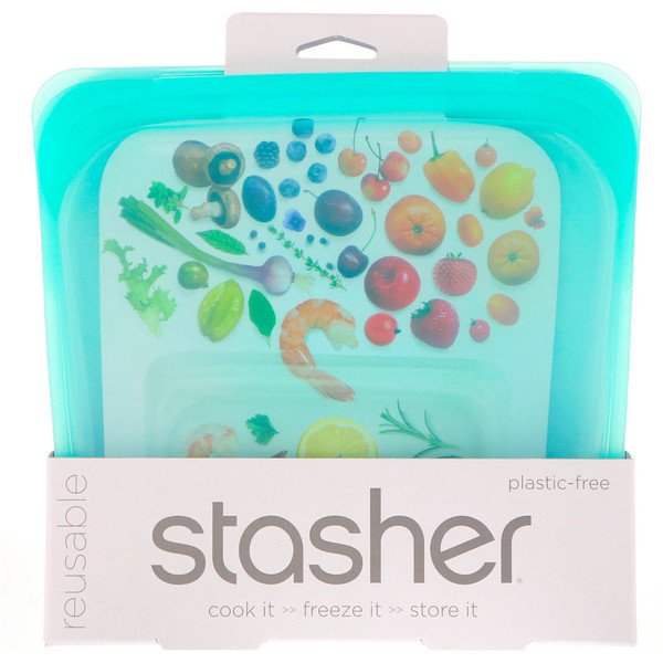 Stasher, リユーザブルシリコンフードバッグ, サンドウィッチサイズ(中サイズ), アクア, 450ml(15 fl oz)