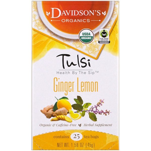 Davidson's Tea, トゥルシー、オーガニックジンジャーレモンティー、カフェインフリー、 25ティーバッグ、1.58オンス (45 g)