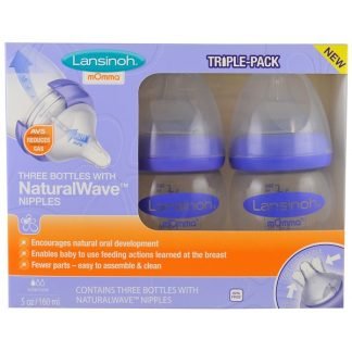 Lansinoh, ナチュラルウェーブニップルボトル、低流量、3ボトル、各5オンス (160 ml)