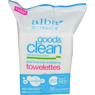 Alba Botanica, グッド・アンドクリーン、デュアルテクスチャー角質除去ウェットティッシュ、油脂不使用、ウェットティッシュ30枚