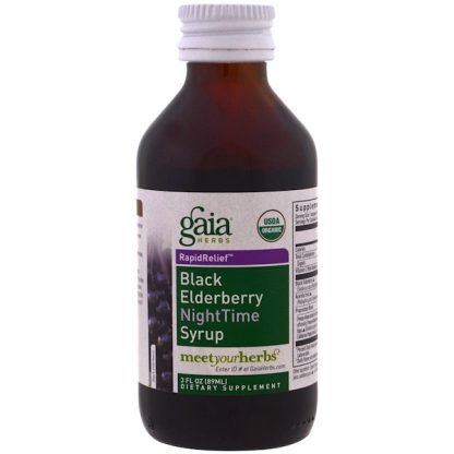 Gaia Herbs, ブラックエルダーベリーナイトタイムシロップ, 3液量オンス (89 ml)