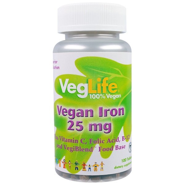 VegLife, ビーガンアイロン, 25 mg, 100錠
