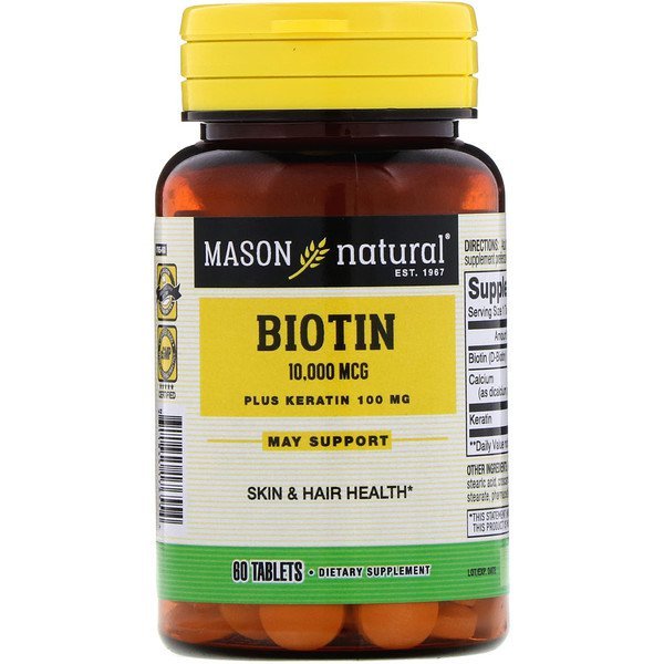 Mason Natural, ビオチンプラスケラチン、10,000 mcg、60粒