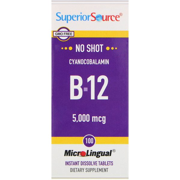 Superior Source, シアノコバラミンB-12、5000mcg、すぐ溶けるマイクロリンガル錠剤100錠
