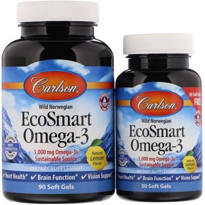 Carlson Labs, エコスマートオメガ-3、天然レモン風味、1,000 mg、ソフトジェル90錠＋30錠