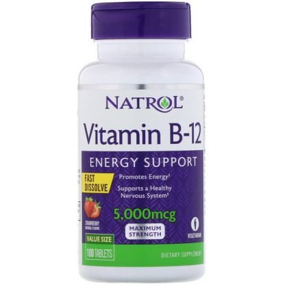 Natrol, ビタミンB-12、速溶性、最大強度、イチゴ、5,000 mcg、100錠