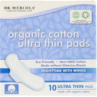 Dr. Mercola, オーガニックコットン超薄型パッド、夜用羽付き、10枚