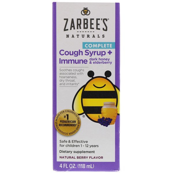 Zarbee's, お子様用コンプリートコフシロップ+免疫およびダークハニー&エルダーベリー、天然ベリー風味、118 ml(4 fl oz)