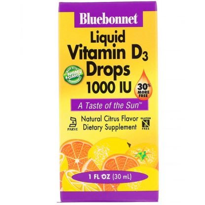 Bluebonnet Nutrition, 液体 ビタミンD3ドロップス、 自然なシトラスフレーバー、 1,000IU、 1液量オンス (30 ml)