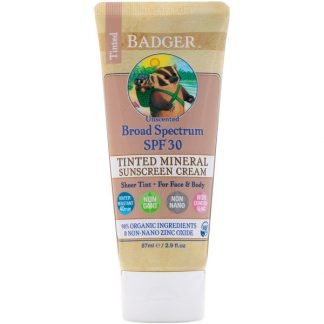 Badger Company, Tinted Mineral Sunscreen Cream, Broad Spectrum SPF 30, Unscented, 2.9 fl oz (87 ml)