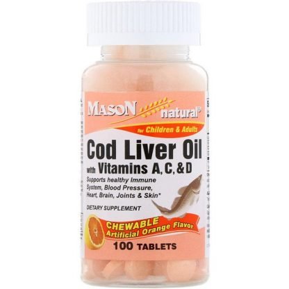 Mason Natural, Chewable Cod Liver Oil, with Vitamins A, C, & D, Orange Flavor, 100 Tablets