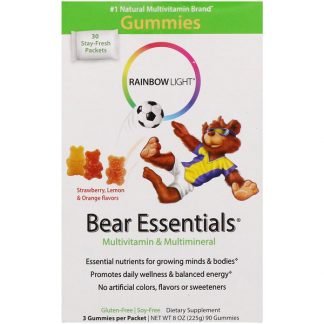Rainbow Light, Gummy Bear Essentials、マルチビタミン  &マルチミネラル、イチゴ、オレンジ& レモン味、 30 パック、各グミ3個入り