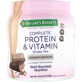 Nature's Bounty, オプティマルソリューションズ、コンプリートプロテイン&ビタミンシェイク・ミックス、贅沢で甘いチョコレート、16オンス（453 g）