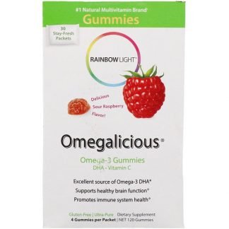 Rainbow Light, Omegalicious, オメガ3グミ, 酸っぱいラズベリー, 30パケット, 各（4グミ）