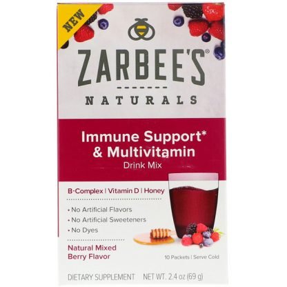 Zarbee's, Immune Support & Multivitamin Drink Mix with B-Complex, Vitamin D, Honey, Natural Mixed Berry Flavor, 10 Packets, 2.4 oz (69 g)