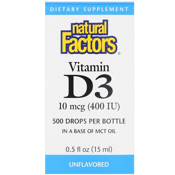 Natural Factors, ビタミンD3ドロップ、無香料、400 IU, 0.5 fl oz (15 ml)