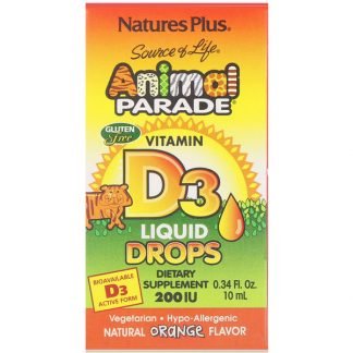 Nature's Plus, Source of Life, アニマルパレード, ビタミンD3, 液状点滴薬, ナチュラルオレンジフレーバー, 200 IU, 0.34 液量オンス (10 ml)