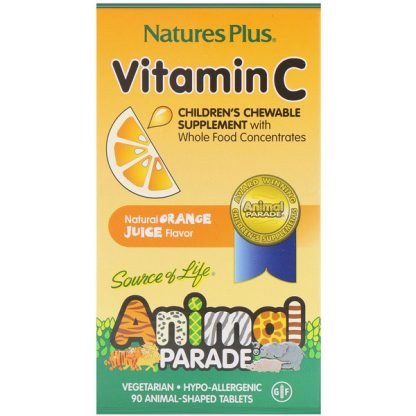 Nature's Plus, Source of Life（ソースオブライフ）、アニマルパレード、ビタミンC、子ども用チュアブルサプリメント、天然オレンジジュース風味、動物型タブレット90粒